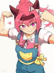  1girl absurdres animal_ears blue_overalls blush bow closed_mouth commentary ear_bow ear_covers flexing flower-shaped_pupils flower_in_eye hairband haru_urara_(casual)_(umamusume) haru_urara_(umamusume) headband heart highres horse_ears horse_girl illustsushi long_hair overall_shorts overalls pink_hair pink_headband pink_shirt ponytail red_headband ribbon shirt short_sleeves smile symbol-shaped_pupils symbol_in_eye umamusume violet_eyes 