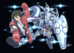  1boy beam_rifle bellri_zenam brown_eyes brown_hair commentary_request energy_gun g-self g-self_perfect_pack gundam gundam_g_no_reconguista holding holding_energy_gun holding_weapon mecha mecha_focus mecha_pilot_suit mobile_suit normal_suit_(gundam) open_mouth robot science_fiction shield signature smile space star_(sky) totthii0081 v-fin weapon zero_gravity 