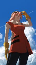  1girl absurdres aircraft airplane black_pants breasts clouds contrail cumulonimbus_cloud ep4_g5 flcl from_below gloves goggles goggles_on_head haruhara_haruko highres jacket looking_at_viewer nose pants pink_hair red_jacket scarf short_hair smile solo white_scarf yellow_eyes 