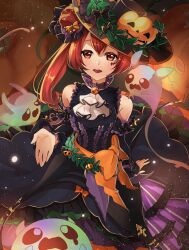  1girl ascot bare_shoulders black_dress black_hat bow brown_eyes commentary_request detached_sleeves dress facial_mark frilled_dress frills ghost harupin hat highres jack-o'-lantern long_hair looking_at_viewer mizerikorude open_mouth orange_bow pumpkin_hat_ornament reaching reaching_towards_viewer red_hair shironeko_project side_ponytail sleeveless sleeveless_dress solo white_ascot 