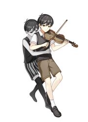  143ouo 2boys antenna_hair black_eyes black_hair black_shoes black_shorts black_sweater_vest black_tank_top black_thighhighs bow_(music) brown_shorts closed_mouth collared_shirt colored_skin commentary double-parted_bangs dual_persona english_commentary grey_shorts hair_between_eyes highres holding holding_bow_(music) holding_instrument holding_violin instrument looking_at_viewer male_focus multiple_boys omori omori_(omori) shirt shoes short_hair shorts simple_background socks striped_clothes striped_shorts sunny_(omori) sweater_vest tank_top thigh-highs two-tone_shorts vertical-striped_clothes vertical-striped_shorts violin white_background white_shirt white_skin white_socks 