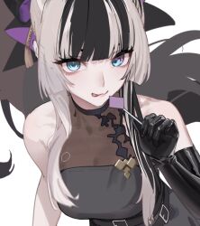  1girl bare_shoulders belt black_gloves black_hair blonde_hair blue_eyes blunt_bangs breasts candy elbow_gloves food gloves hime_cut holding holding_candy holding_food holding_lollipop hololive hololive_dev_is juufuutei_raden lollipop looking_at_viewer medium_breasts multicolored_hair murechika see-through_clothes see-through_shirt shirt solo streaked_hair tongue tongue_out two-tone_hair upper_body 
