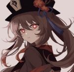  1girl bangs black_headwear bright_pupils brown_coat brown_hair coat commentary flower flower-shaped_pupils genshin_impact hair_between_eyes hat hat_ornament highres hu_tao_(genshin_impact) long_hair looking_at_viewer looking_back multicolored_hair nozz177 parted_lips plum_blossoms porkpie_hat red_eyes redhead simple_background solo symbol-shaped_pupils tassel two-tone_hair upper_body white_pupils 