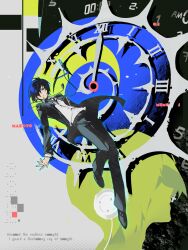  1boy absurdres black_jacket black_pants black_shoes blue_eyes blue_hair character_name clock collared_shirt english_text floating full_body gekkoukan_high_school_uniform hair_over_one_eye headphones highres jacket long_sleeves looking_at_viewer mai_nanhai_de_xiao_zongcai male_focus neck_ribbon pants persona persona_3 profile ribbon roman_numeral school_uniform shirt shoes short_hair silhouette solo white_shirt yuuki_makoto_(persona_3) 