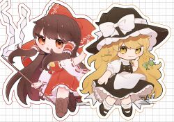  2girls :3 alternate_hair_length_(longer) apron ascot back_bow between_fingers black_hat black_shoes black_skirt black_vest blonde_hair boots bow braid brown_boots brown_eyes brown_hair chibi chibi_only closed_mouth commentary_request detached_sleeves frilled_bow frilled_hair_tubes frilled_skirt frills full_body gohei green_bow grid_background grid_border hair_bow hair_tubes hakurei_reimu hat hat_bow highres holding holding_gohei holding_ofuda kirisame_marisa lace-up_boots long_hair looking_at_viewer marisa_day mary_janes multiple_girls ofuda ofuda_between_fingers open_mouth outline puffy_short_sleeves puffy_sleeves red_bow red_skirt ribbon-trimmed_skirt ribbon-trimmed_sleeves ribbon_trim shoes short_sleeves side_braid single_braid skirt skirt_set smile socks touhou uzuki_(amayadori) very_long_hair vest waist_apron watermark white_apron white_bow white_outline white_socks witch_hat yellow_ascot yellow_eyes 