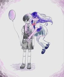  1boy 1girl antenna_hair balloon black_hair black_shoes black_shorts black_skirt black_sweater_vest blue_172 closed_eyes closed_mouth collared_shirt commentary double-parted_bangs hair_between_eyes highres holding holding_balloon long_hair mari_(headspace)_(omori) mari_(omori) neckerchief no_mouth omori pleated_skirt purple_hair red_neckerchief shirt shoes short_sleeves shorts skirt smile socks standing sunny_(omori) sweater_vest thigh-highs untranslatable_commentary white_shirt white_socks white_thighhighs 