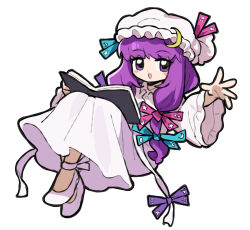 1girl blue_ribbon blunt_bangs book bow dress hair_bow hat highres holding holding_book legs_together mob_cap multiple_hair_bows patchouli_knowledge purple_hair purple_ribbon ribbon sach56000 shoes sitting smile touhou violet_eyes white_background white_dress white_shoes 