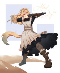  1girl absurdres aiming alternate_costume apron black_dress blonde_hair boots brown_boots commentary dated deadlock_(game) dress english_commentary english_text enmaided frilled_apron frills full_body gun highres holding holding_gun holding_weapon long_hair long_sleeves maid maid_day maid_headdress one_eye_closed pantyhose silver_(deadlock) solo standing tail weapon white_apron white_headdress wolf_girl wolf_tail xeldiamandis 