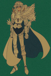  1980s_(style) 1boy armor belt berserk bishounen blue_eyes breastplate cape faux_retro_artstyle film_grain floating_hair full_armor full_body gauntlets greaves green_background griffith_(berserk) heavy_film_grain long_hair looking_at_viewer male_focus pants pikurusu retro_artstyle simple_background single_wing solo standing two-sided_cape two-sided_fabric wavy_hair wings 