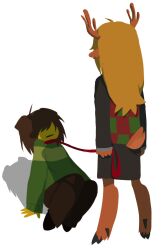  1girl 1other absurdres androgynous animal_collar animal_ears antlers belt_collar black_shoes blonde_hair brown_hair brown_pants buckle checkered_clothes checkered_sweater_vest checkered_vest closed_mouth collar commentary deer_antlers deer_ears deer_girl deer_tail deltarune dog_ears english_commentary expressionless from_behind furry furry_female green_sweater hair_between_eyes hair_over_eyes hand_on_ground highres holding holding_leash hooves horns kris_(deltarune) leash long_hair looking_at_another noelle_holiday on_ground pants pet_play pwimimi red_collar reindeer_girl shaded_face shadow shoes short_hair simple_background standing striped_clothes striped_sweater sweater sweater_vest tail two-tone_sweater two-tone_sweater_vest utdr_(toby_fox) vest white_background 