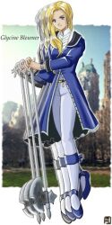  1990s_(style) 1girl afterimage axe bad_id blonde_hair blue_jacket blue_shoes castle character_name closed_mouth commentary_request full_body glycine_bleumer hana_(hana_mo_arashi_mo) holding holding_axe jacket long_hair long_sleeves looking_at_viewer pants photo_background retro_artstyle sakura_taisen sakura_taisen_iii shirt shoes smile solo white_pants white_shirt 