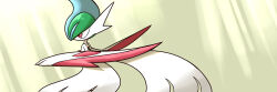  1boy arm_blade arm_up blue_hair colored_skin commentary_request from_side gallade green_background hair_over_one_eye light_rays male_focus mega_gallade mega_pokemon mohawk monya multicolored_hair one_eye_covered pokemon pokemon_(creature) profile red_eyes short_hair solo standing two-tone_hair weapon white_skin 