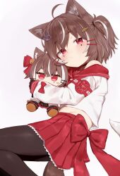  1girl absurdres ahoge anchor_hair_ornament animal_ears black_pantyhose brown_hair cat_ears cat_girl cat_tail character_doll closed_mouth doll expressionless fish_hair_ornament hair_ornament hairclip highres hugging_doll hugging_object indie_virtual_youtuber looking_at_viewer lying medium_hair miniskirt mocha-tan_(character) mole mole_under_eye multicolored_hair nanihatomoare on_side pantyhose parallel_hairclips red_eyes red_sailor_collar red_skirt sailor_collar school_uniform second-party_source shirt sidelocks simple_background single_bare_shoulder single_off_shoulder skirt solo streaked_hair tail transparent_background virtual_youtuber white_shirt white_streaks 
