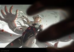  1girl absurdres artist_name black_bodystocking black_gloves black_groza_(girls'_frontline_2) breasts brown_hair closed_mouth commentary elbow_gloves extra_arms floating_hair from_below girls'_frontline_2:_exilium girls_frontline gloves highres jinjung_b long_hair looking_ahead low_twintails medium_breasts ots-14_(girls'_frontline) outdoors solo twintails veil very_long_hair yellow_eyes 