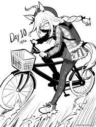  1girl ahoge animal_ears bag beret bicycle bicycle_basket braid braided_ponytail chococonisky commentary english_commentary glasses hat highres horse_ears horse_girl horse_tail jacket long_hair long_sleeves looking_at_viewer monochrome neo_universe_(like_"zeer")_(umamusume) neo_universe_(umamusume) official_alternate_costume official_alternate_hairstyle on_bicycle pantyhose plaid_clothes plaid_jacket ribbon riding riding_bicycle skirt solo tail umamusume 