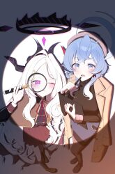 2girls absurdres ako_(blue_archive) black_halo black_horns black_shirt blue_archive blue_eyes blue_hair blue_halo blue_skirt blush boots bow bow_earrings breasts brown_boots brown_capelet brown_coat brown_skirt capelet clipboard coat coat_on_shoulders commentary cuffs demon_girl demon_horns demon_wings detective earrings fisheye full_body hair_ornament hairclip halo hand_up hat highres hina_(blue_archive) holding holding_clipboard holding_magnifying_glass holding_pen horizontal_spotlight horns huuu_ulul18 jewelry lace-up_boots long_hair long_sleeves looking_at_viewer looking_through_magnifying_glass magnifying_glass multiple_girls neck_ribbon official_alternate_costume one_eye_closed pantyhose parallel_hairclips parted_bangs pen pleated_skirt red_ribbon ribbon shackles shirt skirt slit_pupils standing very_long_hair violet_eyes white_background white_hair wings 
