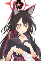  1girl 1other absurdres animal_ear_fluff animal_ears black_hair black_kimono blue_archive blush colored_inner_hair commentary_request fox_ears fox_girl grey_sailor_collar halo highres holding_hands japanese_clothes kimono long_hair multicolored_hair open_mouth pov purple_sash rakio_deeeesu red_hair red_halo sailor_collar sash two-tone_hair very_long_hair wakamo_(blue_archive) yellow_eyes 