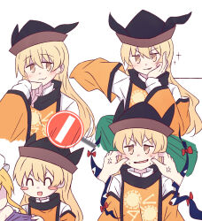  2girls :3 :d anger_vein black_hat black_trim blonde_hair blush blush_stickers cheek_pinching closed_eyes closed_mouth commentary_request detached_sleeves dot_nose fukodesu gap_(touhou) green_skirt hair_between_eyes hand_on_another's_shoulder happy hat highres jitome long_hair long_sleeves looking_at_viewer matara_okina motion_lines multiple_girls multiple_views open_mouth orange_sleeves orange_tabard pinching road_sign shirt sign simple_background skirt smile smirk smug solo_focus sparkle speed_lines split_mouth sun_print sun_symbol sweatdrop tabard tate_eboshi touhou upper_body v-shaped_eyebrows very_long_hair white_background white_shirt wide_sleeves yakumo_yukari yellow_eyes 