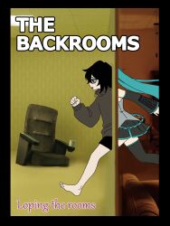  2girls absurdres aqua_hair backrooms_(creepypasta) black_border black_hair border colored_sclera copyright_name grey_sclera hatsune_miku highres jacket kaneda-san_(6ztlmizn8gmcthp) looping_the_rooms_(vocaloid) looping_the_rooms_girl multiple_girls noclip oversized_jacket photo_background running turtleneck turtleneck_jacket twintails vocaloid weirdcore 