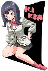  1girl arm_support black_hair black_skirt blue_eyes blush bow bowtie bright_pupils buttons cardigan character_name closed_mouth collared_shirt commentary dress_shirt english_text full_body gridman_universe hand_on_own_hip highres katana_(life_is_beautiful) long_hair long_sleeves looking_at_viewer miniskirt no_shoes pleated_skirt puffy_long_sleeves puffy_sleeves red_bow red_bowtie red_socks school_uniform shirt simple_background sitting skirt smile socks solo ssss.gridman takarada_rikka thighs three-quarter_sleeves white_background white_cardigan white_pupils white_shirt yokozuwari 