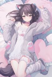  1girl absurdres animal_ear_fluff animal_ears belt belt_collar black_eyes black_hair blush cat_ears chemise closed_mouth collar commentary commission foot_out_of_frame frilled_thigh_strap grey_jacket highres jacket kooriais leg_warmers looking_at_viewer lying medium_hair on_back on_bed open_clothes open_jacket original pillow pink_belt skeb_commission sleeves_past_wrists slippers smile socks solo thigh_strap twitter_username untranslatable_commentary white_chemise white_leg_warmers white_socks 