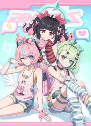  3girls 5h460n absurdres ahoge angel_wings angels_of_delusion aqua_bow aqua_halo aria_(human)_(cuteness_loading)_(zenless_zone_zero) aria_(human)_(zenless_zone_zero) aria_(zenless_zone_zero) arm_warmers backpack bag bare_shoulders black_hair blue_bow blue_eyes bow bracelet character_print choker closed_mouth collarbone colored_inner_hair commentary_request earrings finger_to_own_chin gloves green_eyes green_hair hair_between_eyes hair_bow hair_intakes hair_ornament hairclip halo hand_on_another's_head highres jewelry knees_up long_hair looking_at_viewer looking_back multicolored_hair multiple_girls multiple_thigh_straps musical_note_earrings nangong_yu nangong_yu_(heartfelt_support) official_alternate_costume one_eye_closed pink_bag pink_gloves pink_hair pink_shirt red_eyes shirt shorts sitting smile solo_focus striped_arm_warmers sunna_(delusions_in_business)_(zenless_zone_zero) sunna_(zenless_zone_zero) tank_top thigh_strap tongue tongue_out twintails v white_wings wings zenless_zone_zero 