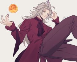  1boy ascot black_ascot brown_nails brown_pants closed_mouth commentary_request dissidia_duellum_final_fantasy dissidia_final_fantasy domino_ffx feather_hair_ornament feathers feet_out_of_frame final_fantasy final_fantasy_ix floating grey_background grey_eyes grey_hair hair_ornament hand_in_own_hair kuja kuja_(bewitching_actor) light_smile long_hair looking_at_viewer male_focus nail_polish official_alternate_color official_alternate_costume orb pants red_shirt shirt solo 
