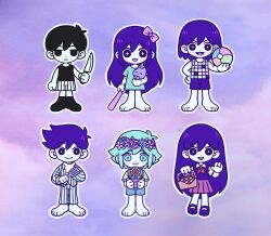  2girls 4boys :d aqua_hair aqua_shirt aubrey_(headspace)_(omori) aubrey_(omori) barefoot baseball_bat basil_(headspace)_(omori) basil_(omori) basket bazukat_art black_eyes black_hair black_shirt black_shoes blue_overalls blue_pajamas bow colored_skin commentary eggplant english_commentary everyone expressionless flower hair_bow head_wreath highres holding holding_baseball_bat holding_basket holding_knife holding_picnic_basket kel_(headspace)_(omori) kel_(omori) knife long_hair mari_(headspace)_(omori) mari_(omori) multiple_boys multiple_girls omori open_mouth outline overalls pajamas picnic_basket pink_bow plant potted_plant purple_hair purple_skirt purple_sky school_uniform shirt shoes short_hair shorts skirt sky smile striped_clothes striped_pajamas striped_shorts sunflower sunny_(omori) vertical-striped_clothes vertical-striped_pajamas vertical-striped_shorts very_short_hair white_outline white_skin 