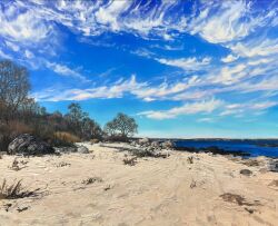  blue_sky boulder clouds commentary day english_commentary highres kate_avery lake no_humans oil_painting_(medium) original outdoors painting_(medium) scenery shore sky traditional_media tree 