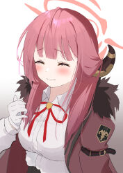  1girl absurdres aru_(blue_archive) blue_archive closed_eyes closed_mouth coat coat_on_shoulders collared_shirt commentary_request demon_girl demon_horns fur-trimmed_coat fur_trim gloves halo highres horns orange_halo pink_eyes rakio_deeeesu red_coat shirt smile solo white_gloves white_shirt 