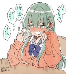  1girl afterimage artist_name blue_bow blue_bowtie blush bow bowtie breasts cardigan collared_shirt commentary_request dated dress_shirt fanning_on_self green_eyes green_hair hair_ornament hairclip highres kantai_collection kirisawa_juuzou large_breasts long_hair nose_blush pink_cardigan school_uniform shirt simple_background solo suzuya_(kancolle) suzuya_(school_girl)_(kancolle) translation_request white_background white_shirt 