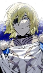  1boy absurdres armor blonde_hair blue_eyes blue_fur breastplate closed_mouth commentary_request dimitri_alexandre_blaiddyd dimitri_alexandre_blaiddyd_(timeskip) eyepatch fire_emblem fire_emblem:_three_houses floating_hair fur_trim highres korean_commentary looking_at_viewer male_focus one_eye_covered short_hair simple_background smile solo tmcks_912 upper_body white_background white_fur 