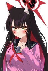  1girl absurdres animal_ear_fluff animal_ears black_hair blue_archive blue_sailor_collar blush cardigan closed_mouth colored_inner_hair commentary_request eyeshadow fox_ears fox_girl halo highres long_hair makeup multicolored_hair neckerchief pink_cardigan rakio_deeeesu red_eyeshadow red_hair red_halo red_neckerchief sailor_collar smile solo two-tone_hair upper_body very_long_hair wakamo_(blue_archive) yellow_eyes 