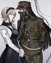  1boy 1girl absurdres apron armband bandaged_hand bandages black_hair black_mask blonde_hair blush collared_jacket covered_mouth danganronpa_(series) danganronpa_v3:_killing_harmony dress frills gakuran gloves green_eyes green_hair grey_background hair_ornament hair_over_one_eye hairband hat highres jacket lace-trimmed_hairband lace_trim long_hair long_sleeves looking_at_another mask mouth_mask necktie purple_necktie red_armband school_uniform shanheen shinguji_korekiyo short_hair spider_web_print tojo_kirumi yellow_eyes 