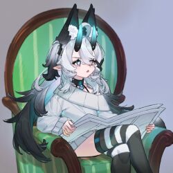  1girl animal_ear_fluff animal_ears aqua_hair aqua_horns aqua_streaks armchair black_hair black_horns black_thighhighs blue_background chair collarbone commentary_request cross-shaped_pupils crossed_legs extra_ears feet_out_of_frame grey_background hair_between_eyes hair_ornament holding holding_paper horns long_sleeves meme mosou_cat_girl_(mosou_keito) mosou_keito multicolored_hair multicolored_horns multicolored_thighhighs newspaper open_mouth original paper pointy_ears simple_background single_bare_shoulder sitting solo streaked_hair striped_clothes striped_thighhighs sweater symbol-shaped_pupils thigh-highs thighs tom_reading_the_newspaper_(meme) two-tone_horns two-tone_thighhighs white_hair white_sweater white_thighhighs x_hair_ornament 