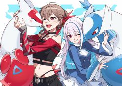  2girls :d ;d black_choker black_shirt black_shorts blue_hair blue_jacket braid breasts brown_hair choker colored_inner_hair commentary crossover dress furen_e_lustario grey_hair hair_ribbon highres hood jacket kougi_hiroshi latias latios lize_helesta long_hair long_sleeves midriff mugen_no_ticket_(vocaloid) multicolored_hair multiple_girls nail_polish navel nijisanji off_shoulder official_alternate_costume one_eye_closed open_mouth pokemon pokemon_(creature) red_eyes red_nails red_shirt ribbon shirt shorts smile violet_eyes virtual_youtuber white_dress 
