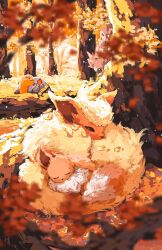  absurdres animal_focus autumn autumn_leaves blurry blurry_background closed_eyes closed_mouth commentary eevee english_commentary evolutionary_line flareon forest highres leaf log lying merchandise_available nature ninetales no_humans outdoors photoshop_(medium) pokemon pokemon_(creature) pokemon_focus procreate_(medium) sleeping torkoal tree tuttlesart zigzagoon 