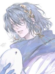  1boy absurdres alchemy_stars animal blue_eyes blue_gloves blue_hair blue_scarf de678997 earrings gloves highres holding holding_animal jewelry laurel_crown looking_at_viewer novio_(alchemy_stars) portrait rabbit robe scarf simple_background white_background white_robe 
