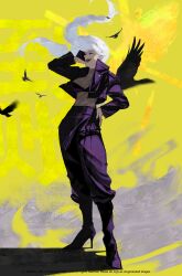  1girl absurdres bird black_boots black_jacket black_pants boots braid crow highres jacket jujutsu_kaisen long_hair long_sleeves mei_mei_(jujutsu_kaisen) nadesiko97 pants white_hair 