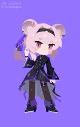  1girl absurdres animal_ears arknights black_jacket blush boots chibi full_body hairband highres jacket jewelry lin_(arknights) looking_at_viewer mouse_ears mouse_girl pink_eyes pink_hair pout purple_background short_hair simple_background solo strandingmai 