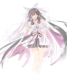  1girl bare_shoulders black_hair closed_eyes columbina_(genshin_fes_2026)_(genshin_impact) columbina_(genshin_impact) detached_sleeves dress genshin_impact hair_ribbon head_wings highres long_hair mentabe_08 official_alternate_costume open_mouth pink_hair purple_ribbon ribbon short_sleeves simple_background sketch smile solo veil very_long_hair white_background white_dress white_ribbon white_wings wings 