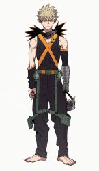  1boy bakugou_katsuki bare_shoulders barefoot blonde_hair boku_no_hero_academia closed_mouth commentary_request detached_sleeves full_body gloves himo_(himodayoo) holding holding_mask male_focus mask pants short_hair simple_background solo spiky_hair standing straight-on superhero_costume white_background 