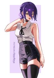  1girl absurdres bare_arms bare_shoulders black_choker black_ribbon black_shorts black_thighhighs border breasts chainsaw_man choker collared_shirt commentary cowboy_shot green_eyes grenade_pin hair_between_eyes high-waist_shorts highres medium_breasts medium_hair nearreya neck_ribbon patreon_username purple_background purple_hair reze_(chainsaw_man) ribbon shirt shorts skindentation sleeveless sleeveless_shirt solo thigh-highs tongue tongue_out updo white_border white_shirt 