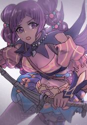 1girl absurdres bag bow_(weapon) braid commentary_request fire_emblem fire_emblem:_fortune's_weave hair_ornament halvin_(fire_emblem) handbag highres holding holding_bow_(weapon) holding_weapon jewelry midriff multicolored_skirt necklace simple_background skirt stomach_tattoo tan tattoo twin_braids violet_eyes weapon yukiyana 