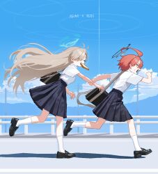  2girls ahoge anyak05 asuna_(blue_archive) bag black_shoes black_skirt blonde_hair blue_archive blue_sky bread bread_slice breasts character_name closed_eyes collared_shirt commentary day floating_hair food food_in_mouth from_side grabbing_another's_arm halo highres loafers mountain mouth_hold multiple_girls neru_(blue_archive) outdoors pleated_skirt road running school_bag school_uniform shirt shirt_tucked_in shoes skirt sky socks sweat toast toast_in_mouth utility_pole white_shirt white_socks 