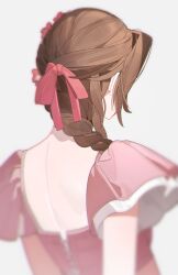  1girl absurdres aerith_gainsborough aerith_gainsborough_(floral_delight) arms_behind_back braid braided_ponytail breasts brown_hair commentary facing_away final_fantasy final_fantasy_vii final_fantasy_vii_rebirth final_fantasy_vii_remake flower frilled_sleeves frills grey_background hair_flower hair_ornament hair_over_shoulder hair_ribbon highres long_hair medium_breasts official_alternate_costume parted_bangs pink_flower pink_ribbon pink_shirt ribbon shirt sidelocks solo upper_body wintercoming42 