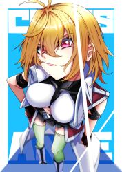 1girl absurdres angelise_ikaruga_misurugi antenna_hair arm_at_side arm_strap between_breasts black_skirt blonde_hair blue_background bob_cut boots border breasts brown_gloves cape clenched_hands collared_jacket commentary_request copyright_name crop_top cropped_jacket cross_ange double-parted_bangs fingerless_gloves foot_out_of_frame gloves green_thighhighs hair_between_eyes hand_on_own_hip highres jacket knee_boots looking_at_viewer medium_breasts midriff miniskirt navel open_clothes open_jacket outside_border pink_lips pleated_skirt pursed_lips red_eyes shiina_aono short_hair sidelocks simple_background skirt sleeveless sleeveless_jacket solo standing thigh-highs waist_cape white_boots white_border white_cape white_jacket 