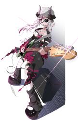  1girl absurdres animal_ears black_dress black_leg_warmers black_shoes chikafuji_lisa dress eyepatch flower grey_hair guitar hair_flower hair_ornament heart heart_eyepatch highres horns indie_virtual_youtuber instrument leg_warmers long_hair multicolored_dress multicolored_hair pink_hair pink_skirt platform_shoes playing_guitar playing_instrument rawsalmon sheep_ears sheep_girl shoes skirt socks solo streaked_hair two-tone_hair violet_eyes virtual_youtuber white_socks 