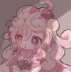  1girl blonde_hair commentary_request curly_hair dark dress hair_ornament heterochromia light_blush long_hair magical_girl mahou_shoujo_ikusei_keikaku mahou_shoujo_ikusei_keikaku_aces naizoutuu open_mouth puk_puck sketch star_(symbol) star_hair_ornament star_ornament 