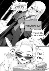  2girls ai-generated artist_name blonde_hair blush book breasts curly_hair earrings english_text full-face_blush glasses harry_potter_(series) highres holding holding_quill jewelry long_hair malfoid mature_female medium_hair monochrome multiple_girls musical_note quill rita_skeeter sachi_hwa simple_background slytherin spoken_musical_note tsundere white_background wizarding_world 
